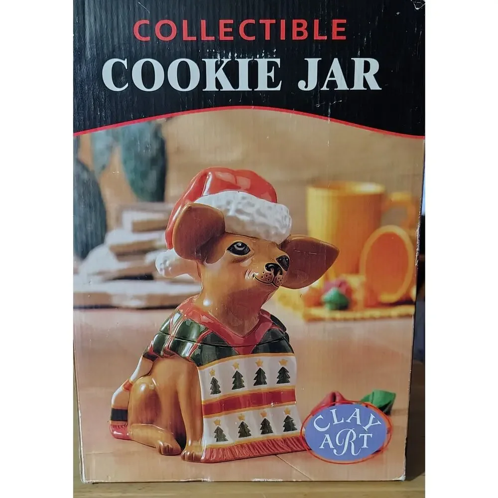 Vintage Clay Art Santa Chihuahua Cookie Jar #8865 Holiday Christmas W/Box 1999